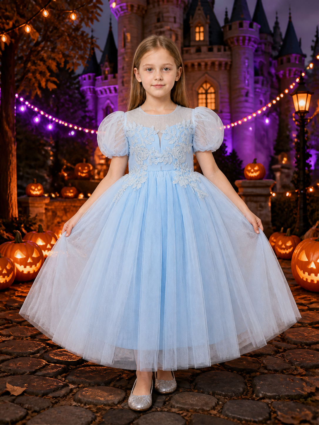 Girls' Light Blue Princess Dress with Puff Sleeves and Floral Embroidery Costume Dresses detail 2