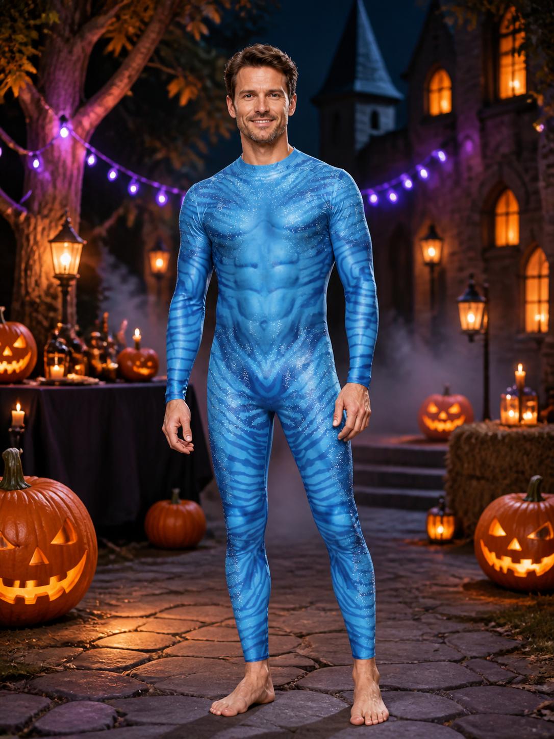 Blue Alien Full Body Suit Costume, Muscle Contour Patterned Halloween Jumpsuit Costumes detail 2