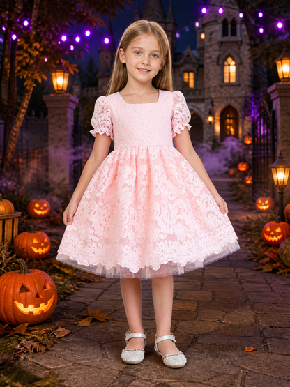 Girls' Pink Lace Princess Dress, Square Neck, Floral Pattern, Puff Skirt Costume Dresses detail 2