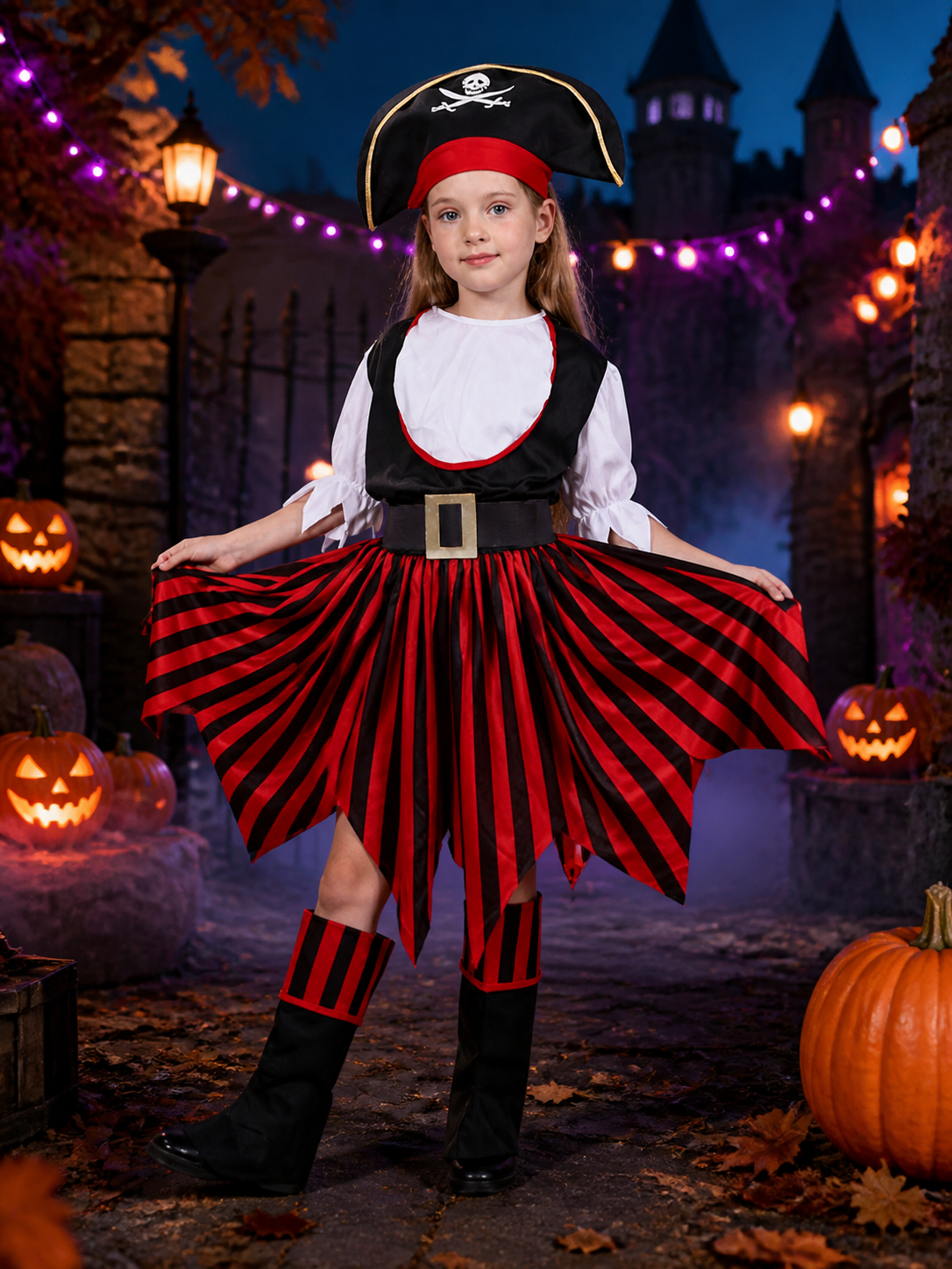 Women's Pirate Costume Set with Skull Print Dress, Tricorn Hat & Boots Costume Dresses detail 2