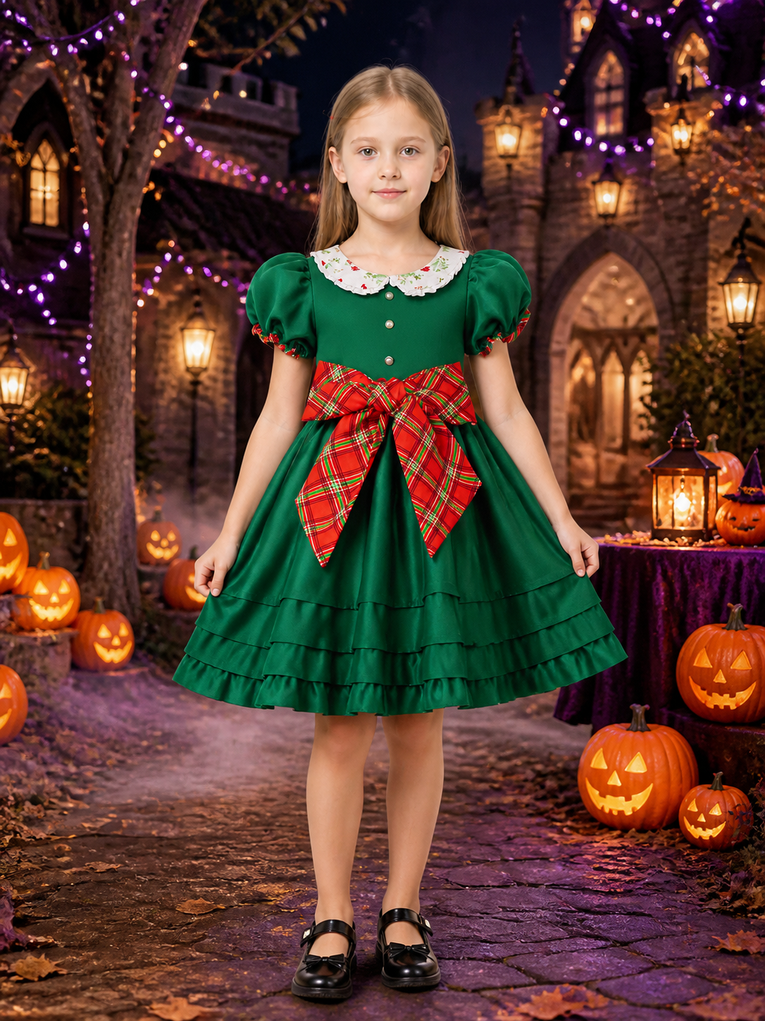 Girls' Christmas Elf Dress, Dark Green Ruffled Princess Costume with Puff Costume Dresses detail 2