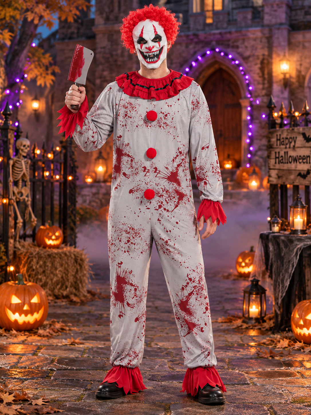 Adult clown carnival costume with mask and wig