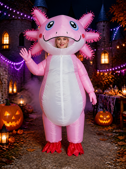 Funny Pink Inflatable Animal Costume with Horns and White Belly for Halloween Costumes detail 2