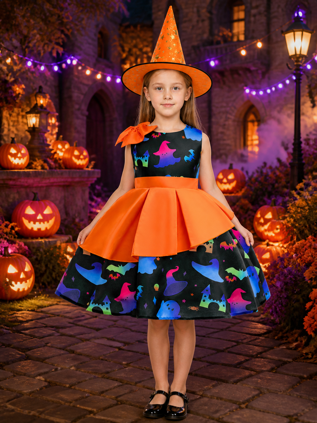 Girls' Halloween Witch Costume Dress Set With Printed Skirt And Witch Hat Costume Dresses detail 2
