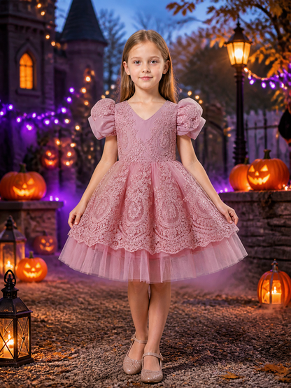 Toddler Girls' Dusty Pink Princess Dress, Embroidered Puff Sleeve Layered Tulle Costume Dresses detail 2