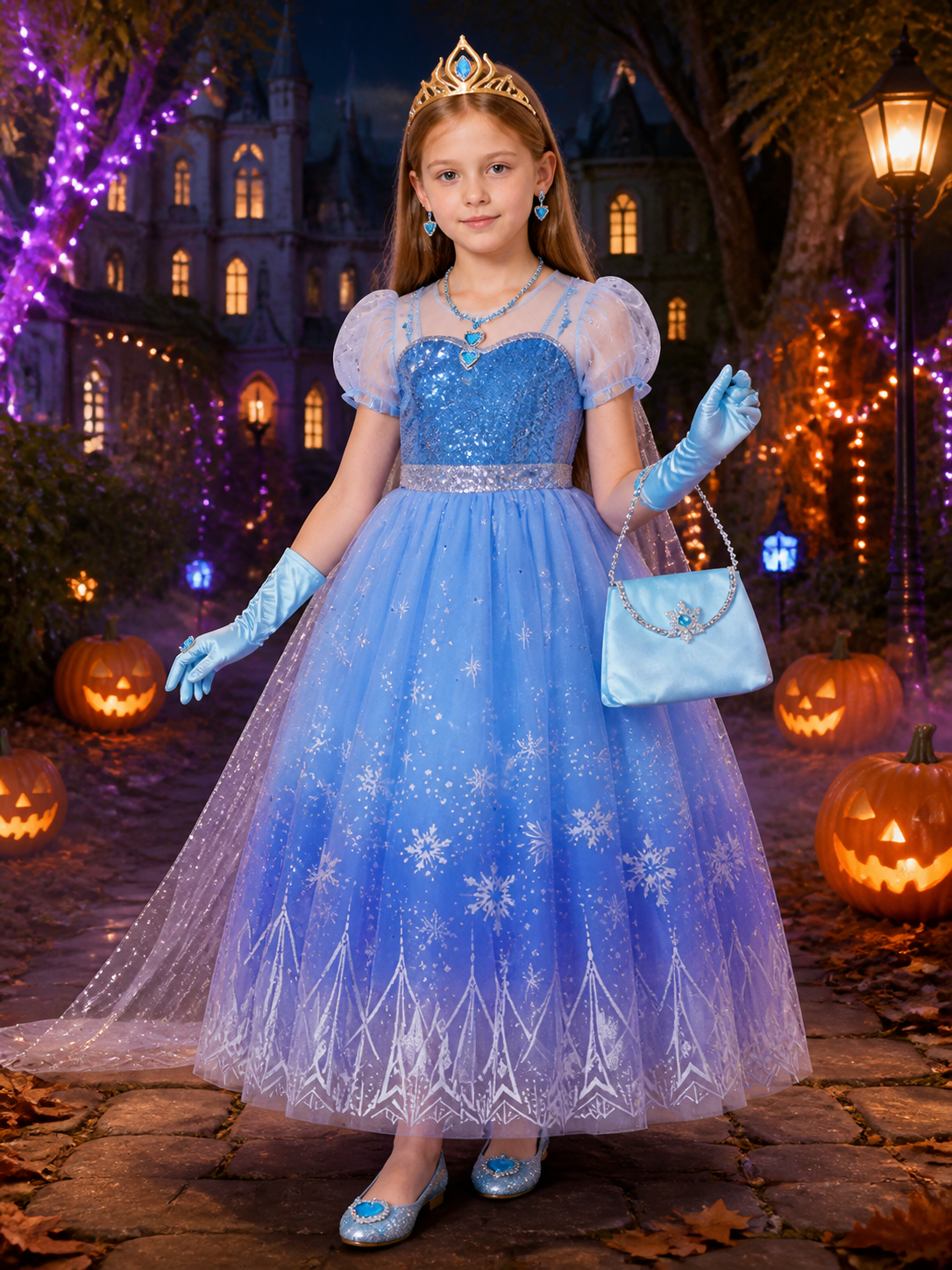 Kids Snow Queen Princess Halloween Costume Set with Sequined Blue Gown Costume Dresses detail 2