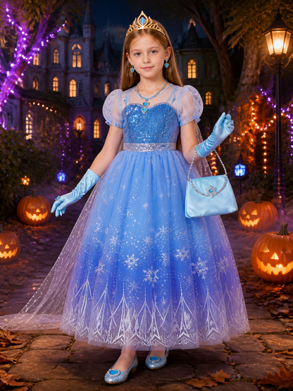 Kids Snow Queen Princess Halloween Costume Set with Sequined Blue Gown Costume Dresses detail 2