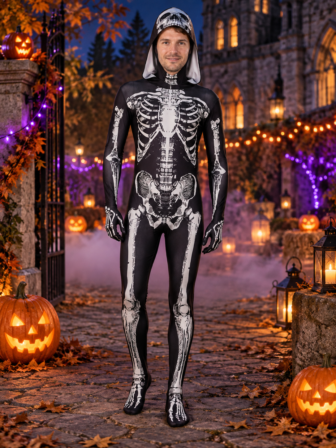 Black Skeleton Costume with Hood and Bone Print