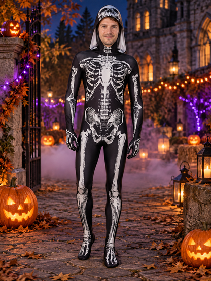 Black Skeleton Costume with Hood and Bone Print