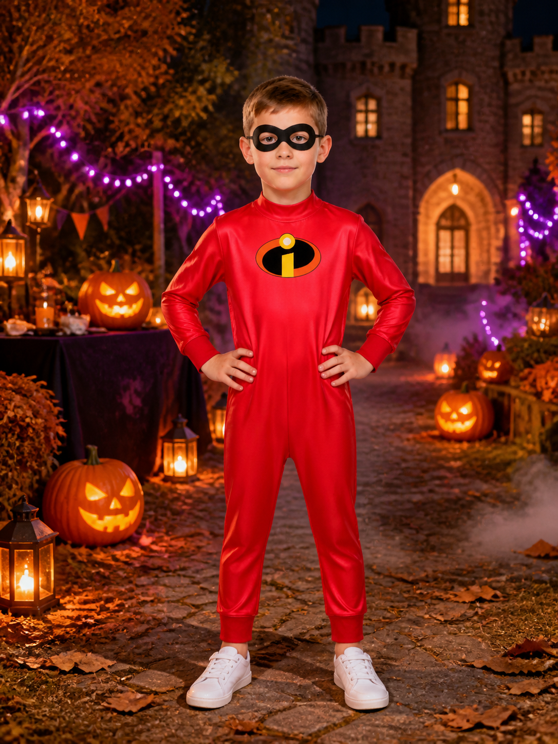 Kids' Superhero Jumpsuit Costume with Eye Mask - Red Unitard for Halloween Costume Masks detail 2