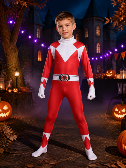 Red Ranger Cosplay Bodysuit Costume, Hooded Geometric Print on-model Halloween scene view
