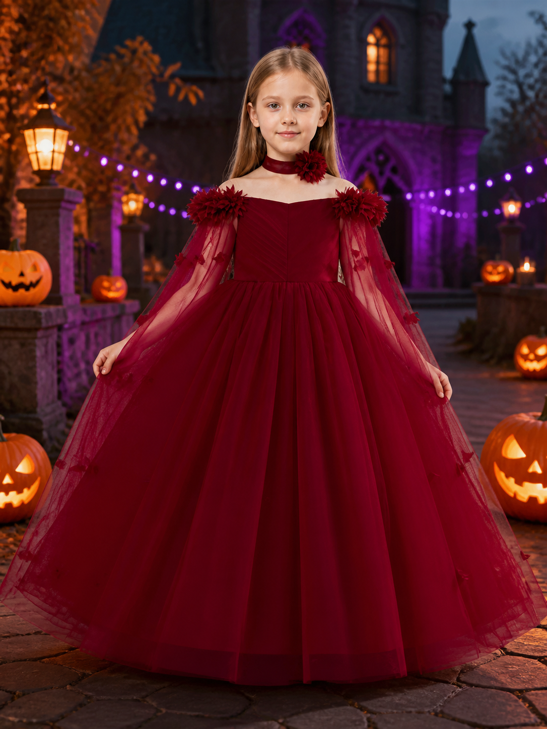 Girls’ Maroon Princess Dress with Tulle Ball Gown Skirt and Necklace