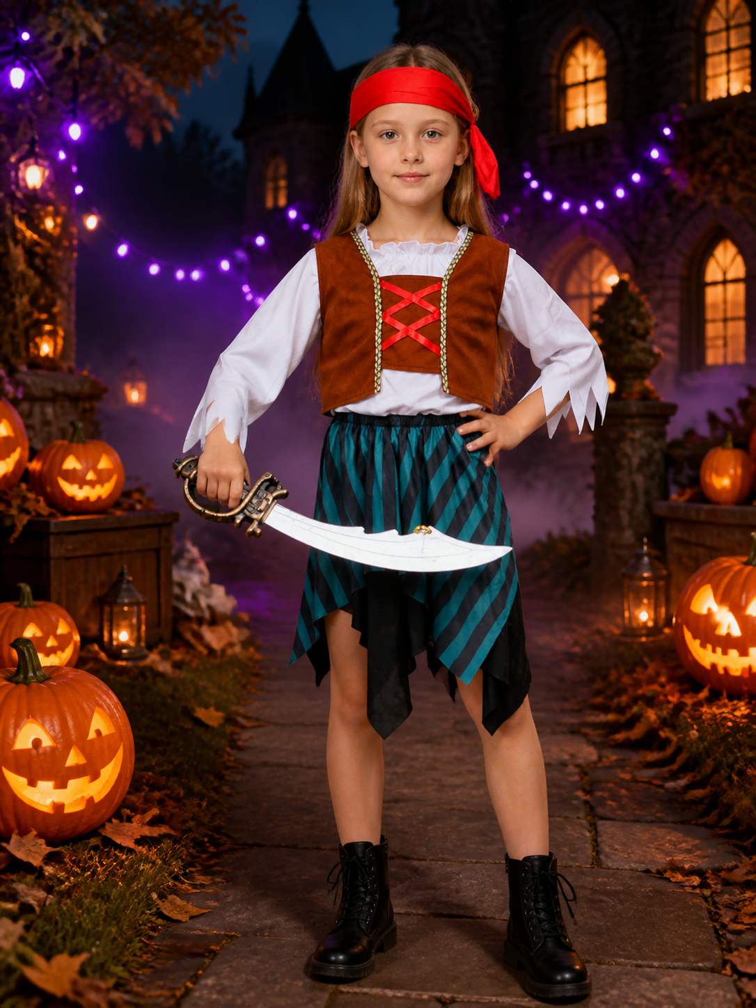 Kids' Pirate Costume Set With Striped Skirt, Vest & Headband For Halloween