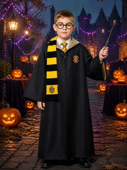 Hufflepuff Wizard Costume Set, Hooded Robe With Striped Scarf, Tie, Glasses & Costumes detail 2