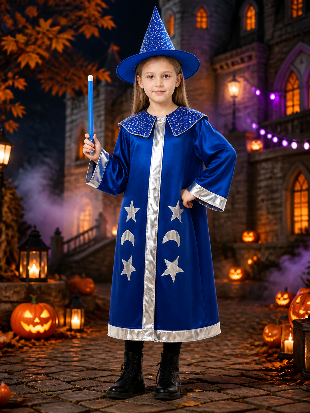 Blue Wizard Costume Set, Star Moon Cloak and Pointed Hat Costume Capes detail 2