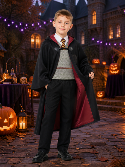 Kids Hooded Wizard Robe Costume Set, 3-Piece Halloween School-Themed Outfit
