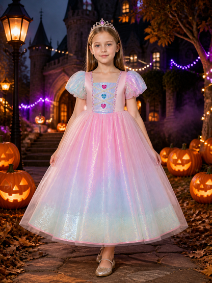 Girls' Rainbow Gradient Sequined Princess Dress with Puff Sleeves Costume Dresses detail 2