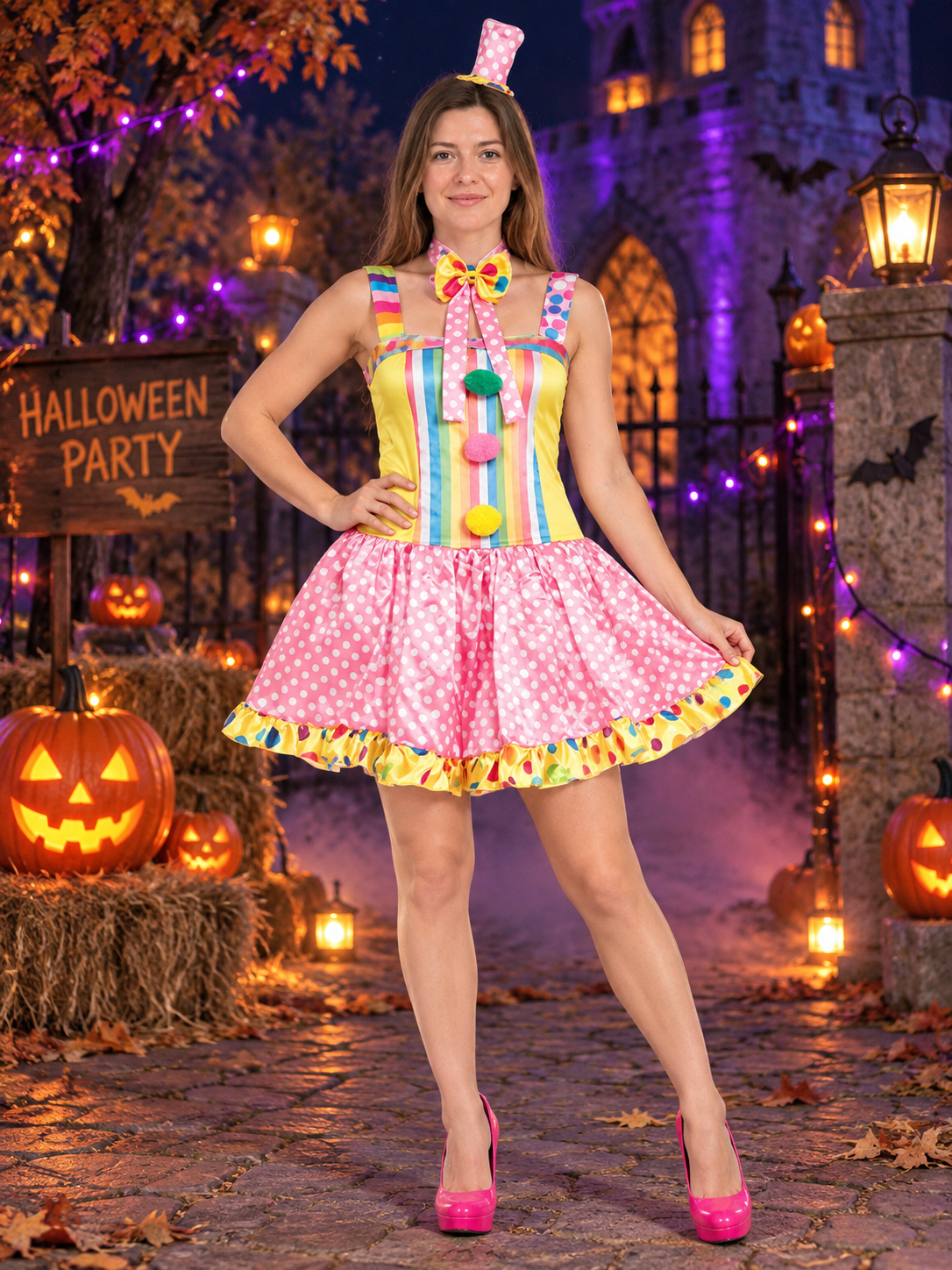 Clown costume with a multicolored dress, bow, and pom-poms