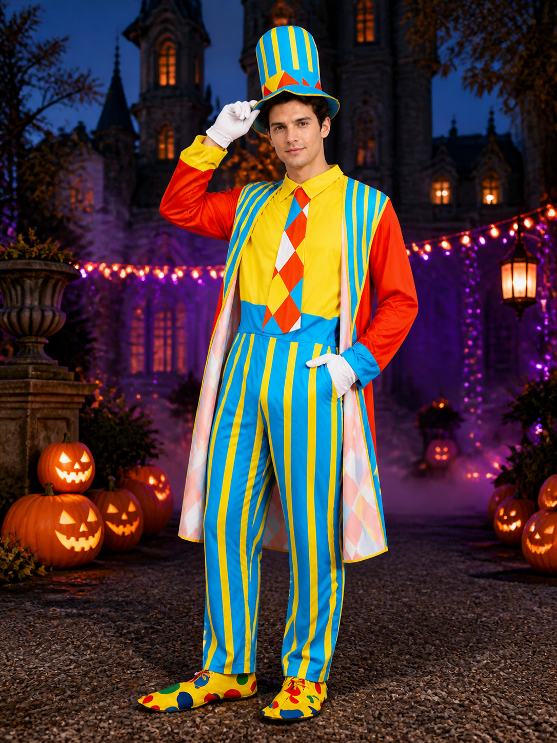 Unisex Adult Clown Jumpsuit Costume with Hat and Robe, Circus Halloween Outfit Costume Headwear detail 2