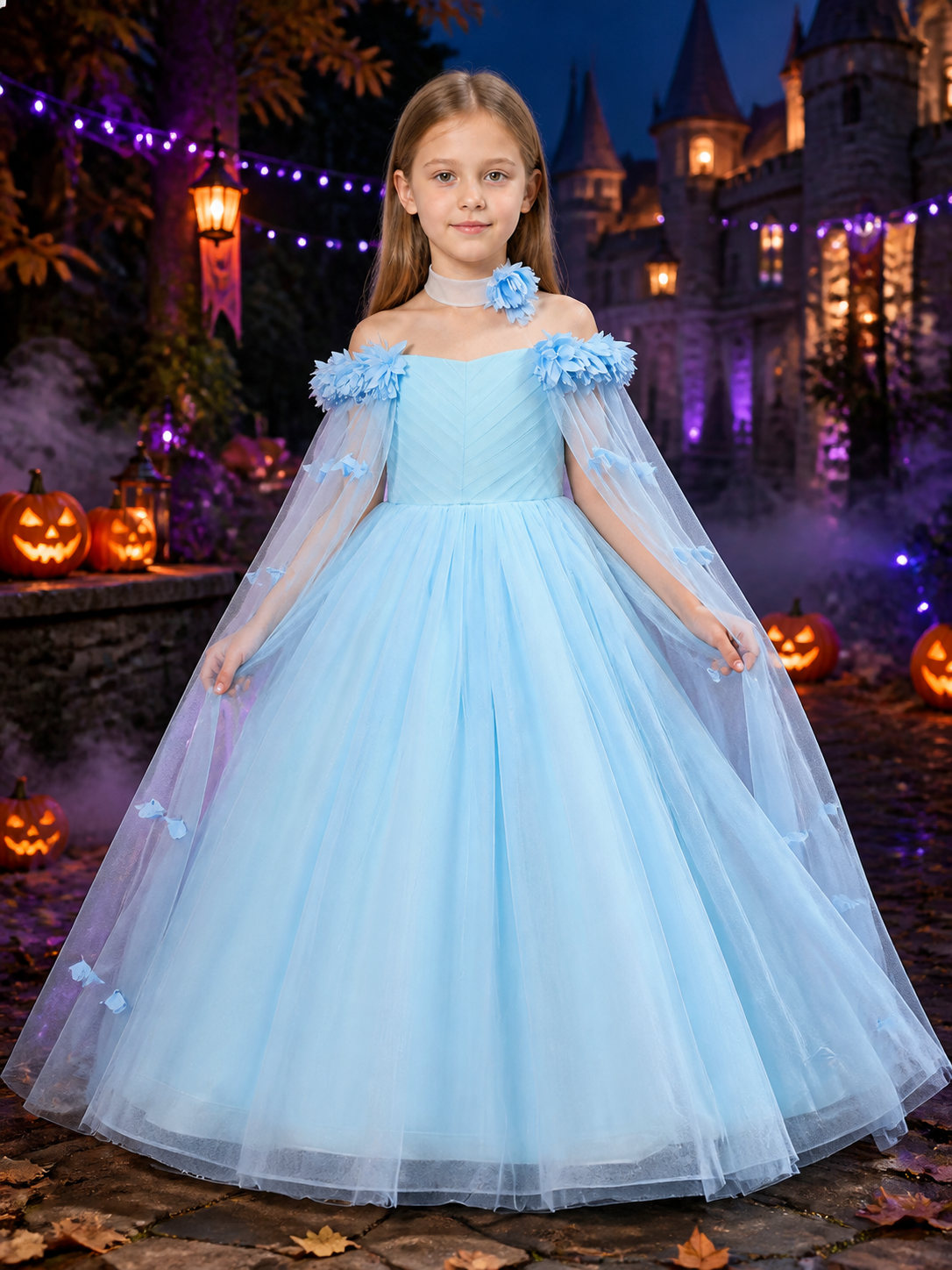 Girls' Light Blue Princess Dress with Tulle Shawl and Floral Details Costume Dresses detail 2