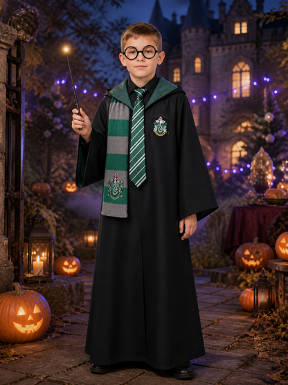 Kids Hooded Wizard Robe Costume Set, Five-Piece Cosplay Outfit With Scarf, Tie Costumes detail 2