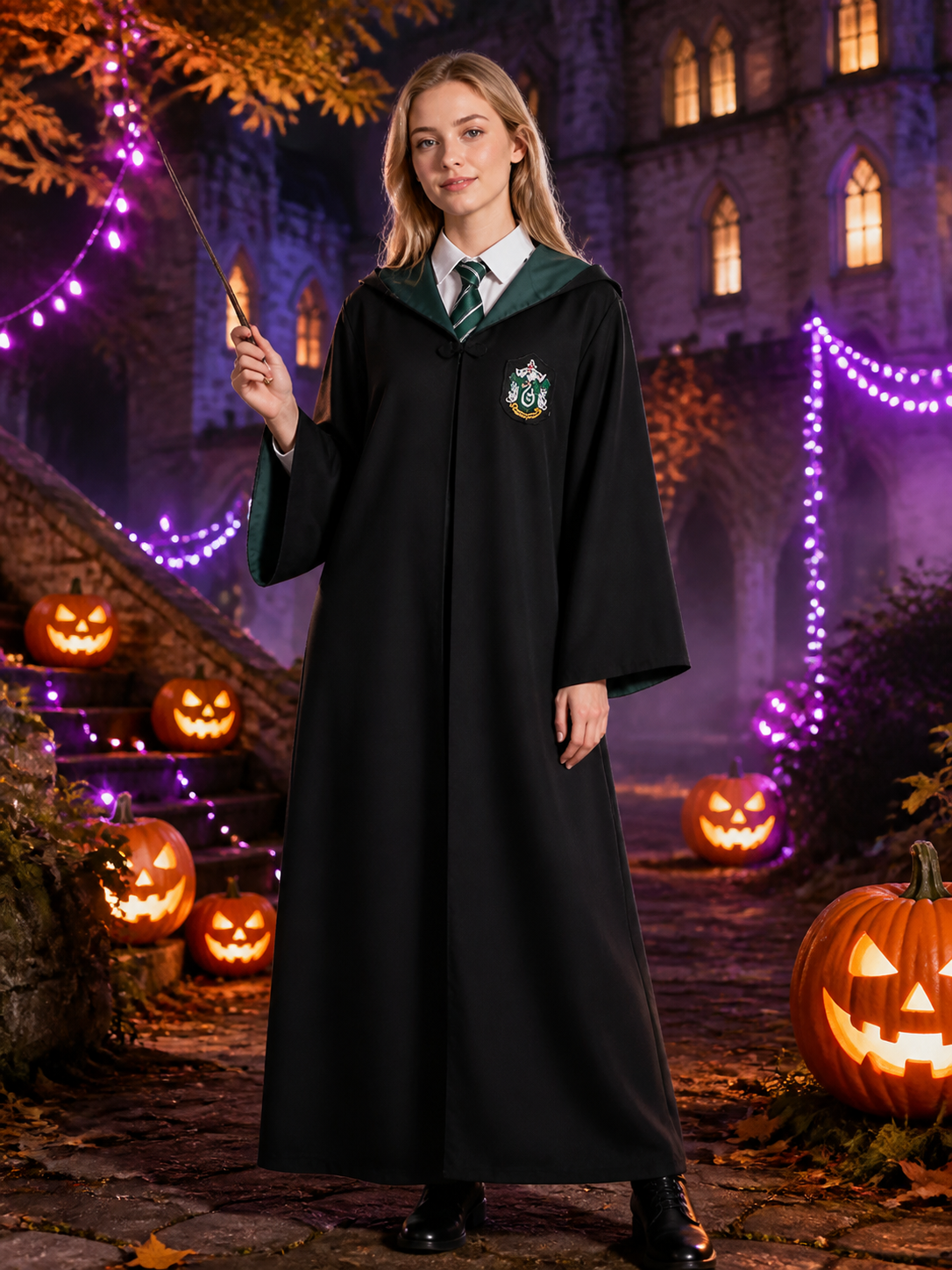 Slytherin Wizard Robe and Tie Costume Set with Hooded Cloak Costume Capes detail 2