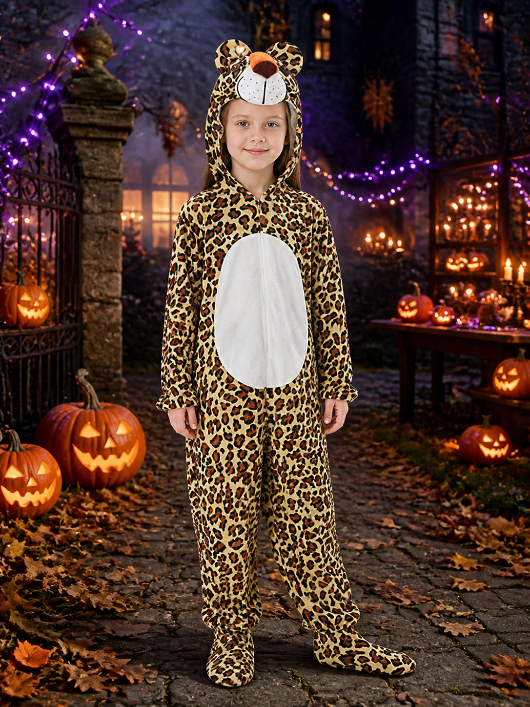 Kids Leopard Animal Onesie Costume with Hood and Tail, Footed Pants Costumes detail 2