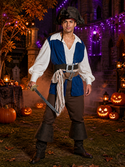 Men's Pirate Captain Costume Set with Vest, Shirt, Pants, Hat & Sword Costume Headwear detail 2