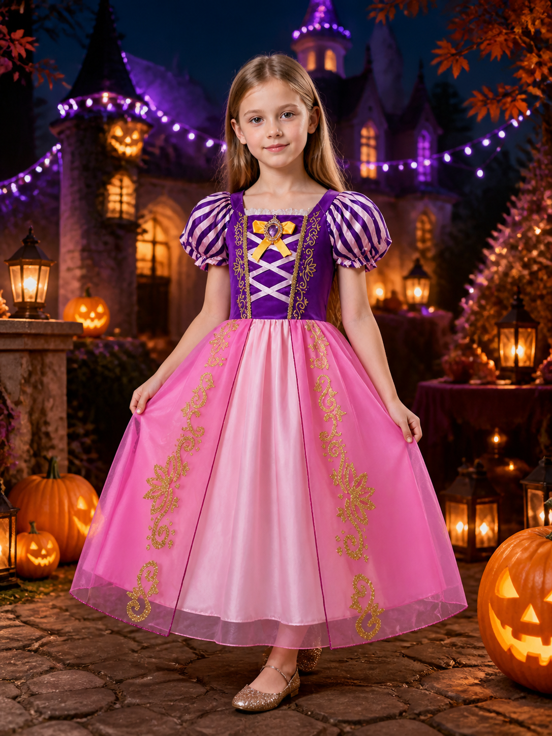 Girls Sleeping Beauty Princess Dress, Aurora Costume with Puffy Sleeves & Bow Costume Dresses detail 2