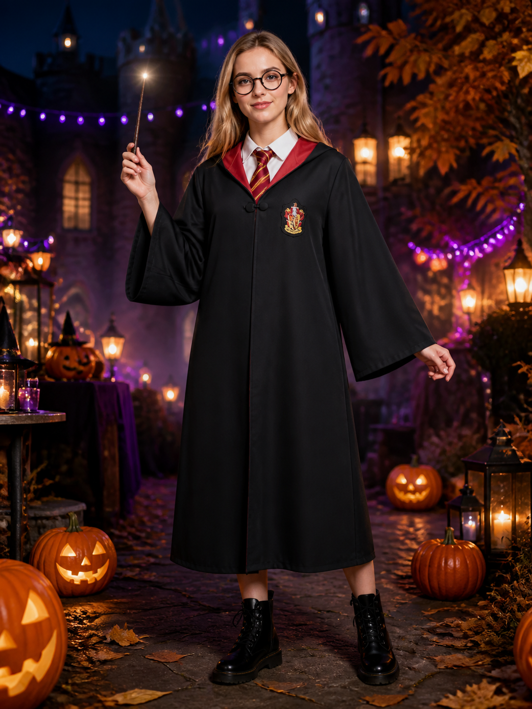 Academy Wizard Robe Costume Set, Hooded Black Cloak With Tie And Round Glasses Costume Capes detail 2