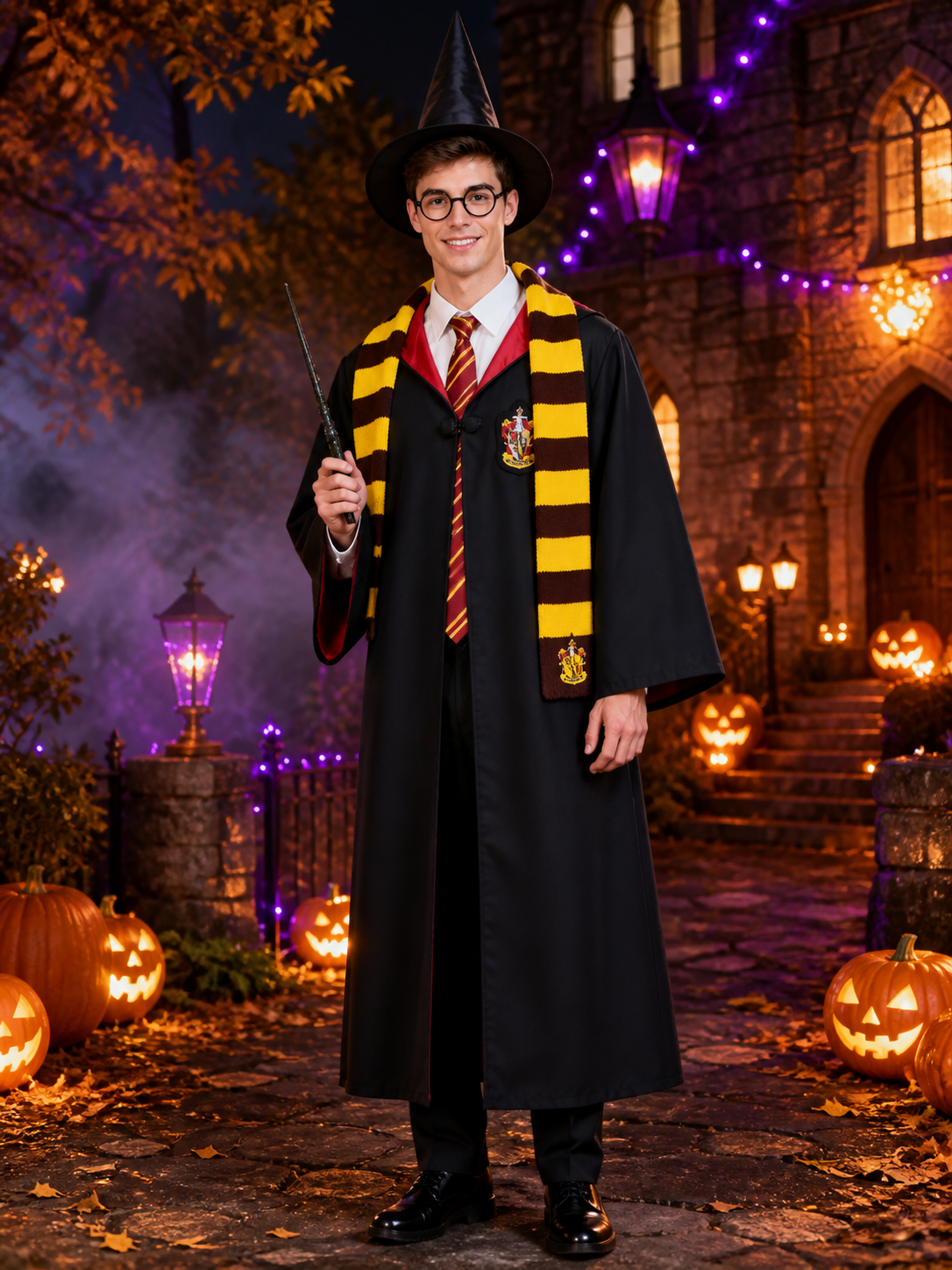 Wizard Costume Set With Robe, Hat, Scarf, Glasses, Tie And Wand Costume Headwear detail 2