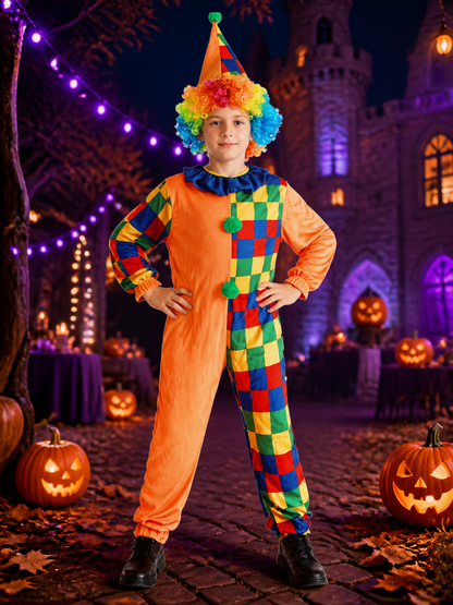Kids' Colorful Clown Jumpsuit Costume Set with Pointed Hat Costume Headwear detail 2