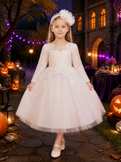 Girls' White Princess Dress, Long Sleeve Lace Embroidered Layered Tulle Gown Costume Dresses detail 2
