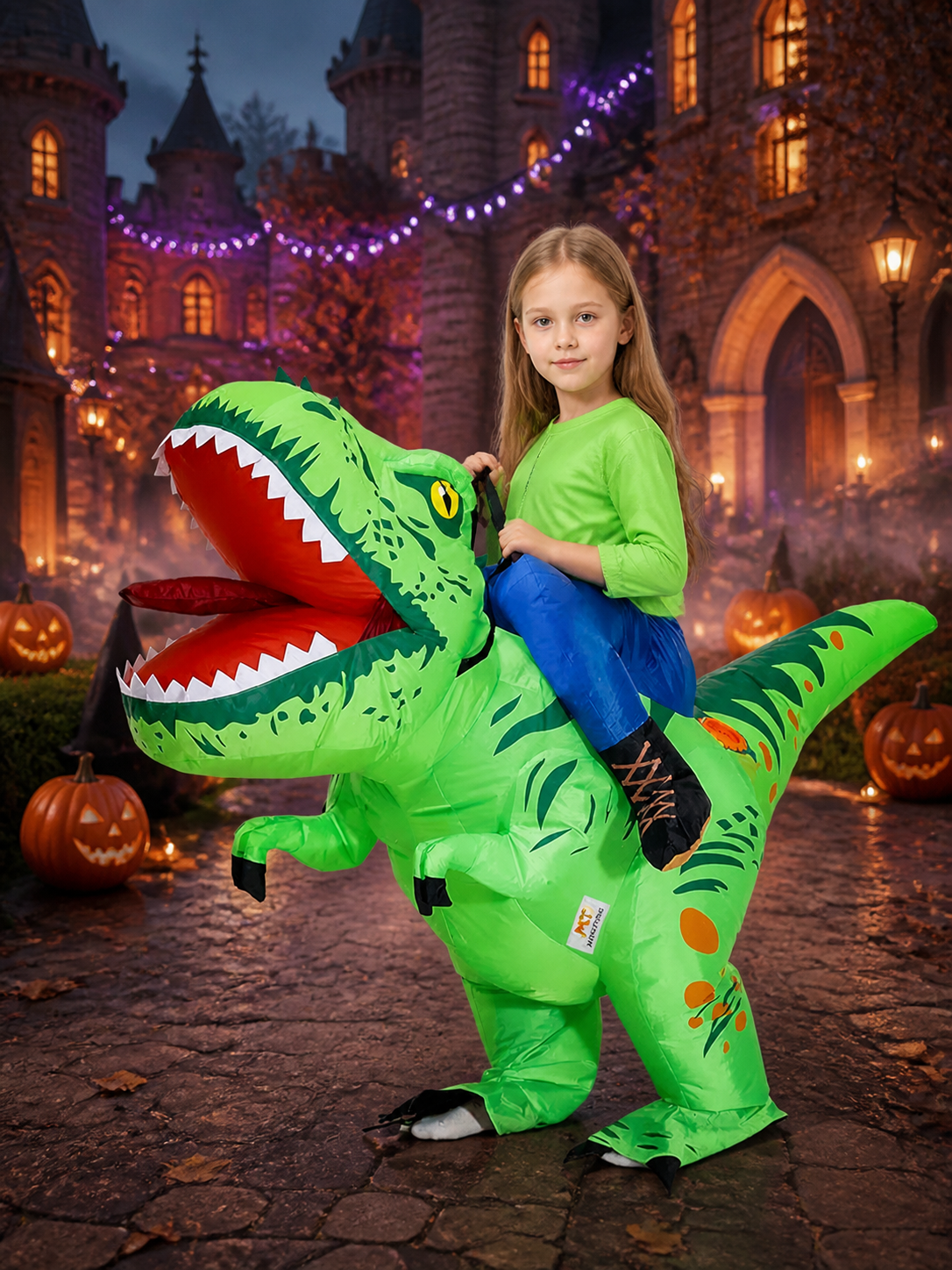 Green Inflatable Dinosaur Jumpsuit Costume with Open Mouth and Long Tail for Costumes detail 2