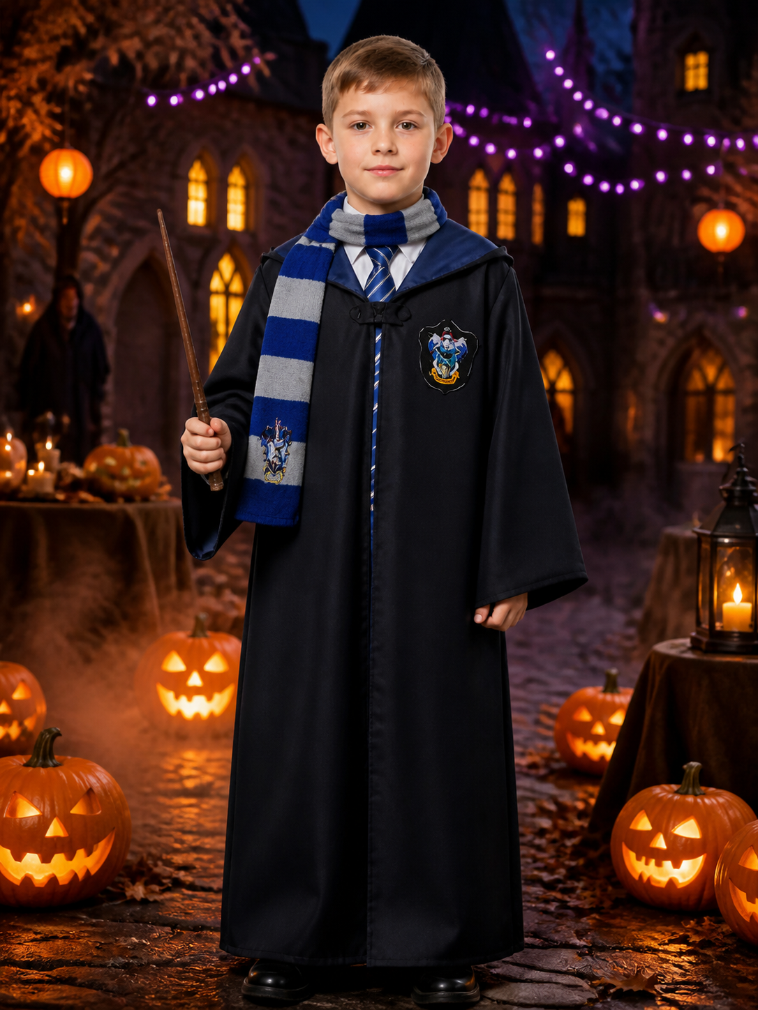 Ravenclaw Wizard Costume Set, Long Navy Blue Robe with Striped Tie and Scarf Costumes detail 2