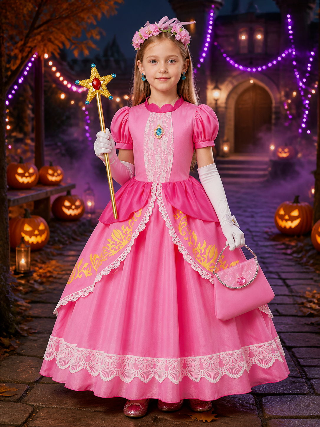 Girls Pink Princess Halloween Costume Dress Set with Magic Wand and Accessories Costume Dresses detail 2