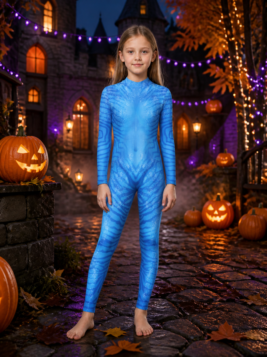 Blue Avatar Shimmering Striped Jumpsuit, High Collar Long Sleeve Halloween Costumes detail 2