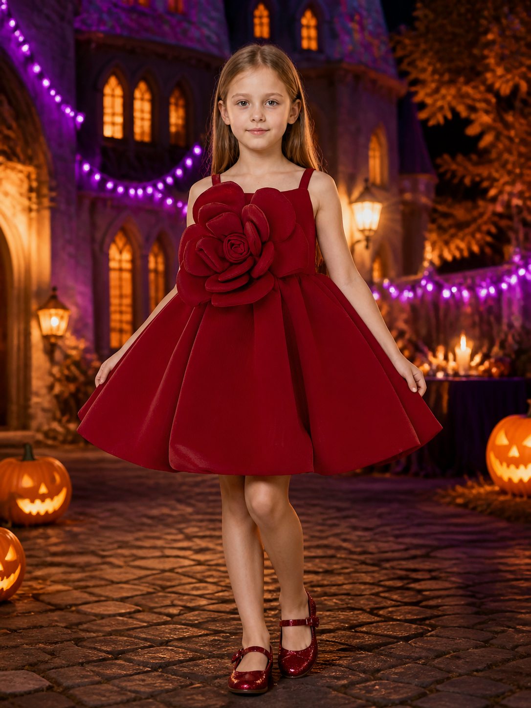 Girls' Burgundy Princess Dress, Sleeveless Layered Rose Flower Party Outfit Costume Dresses detail 2