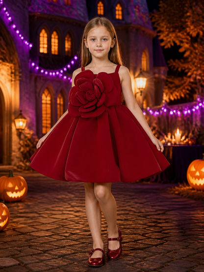 Girls' Burgundy Princess Dress, Sleeveless Layered Rose Flower Party Outfit Costume Dresses detail 2