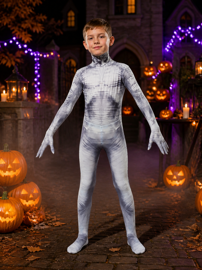 Skeleton Bodysuit Costume, Full Body Skull Print, Halloween Cosplay Outfit on-model Halloween scene view