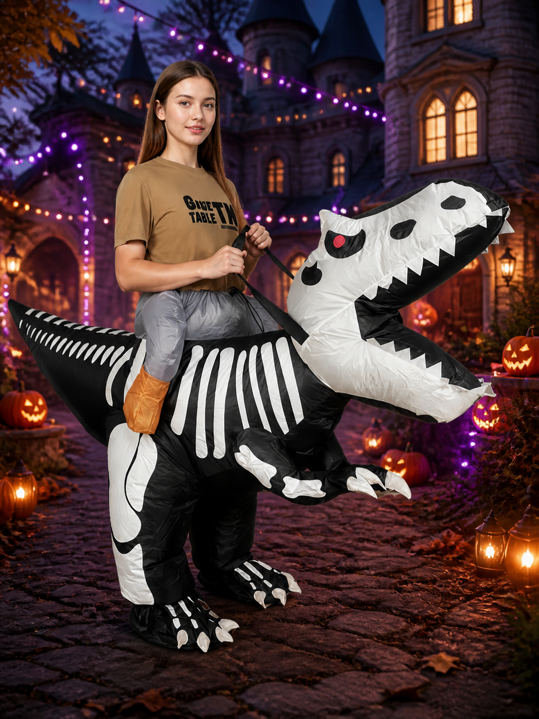 Adult Inflatable Dinosaur Costume, Black and White Skeleton Print for Halloween Costumes detail 2