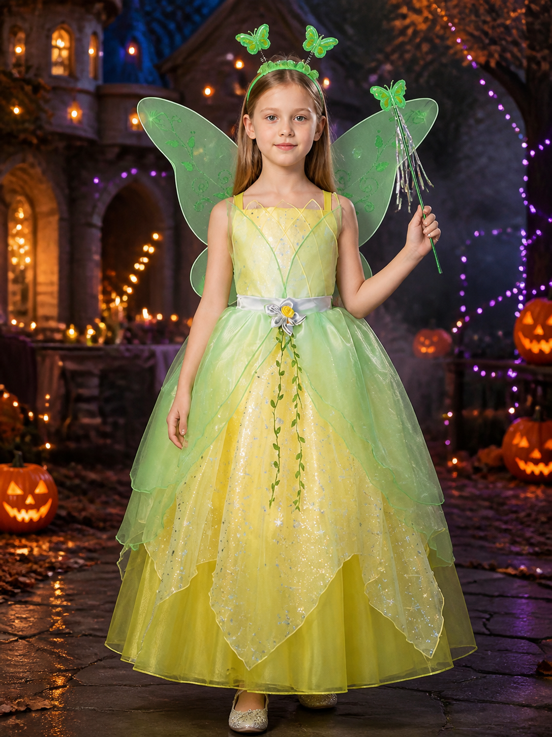 Girls Tinker Bell Fairy Princess Costume Dress with Butterfly Wings and Magic Costume Dresses detail 2