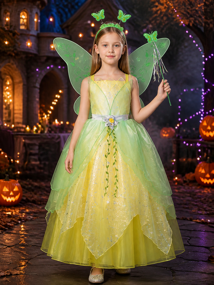 Girls Tinker Bell Fairy Princess Costume Dress with Butterfly Wings and Magic Costume Dresses detail 2