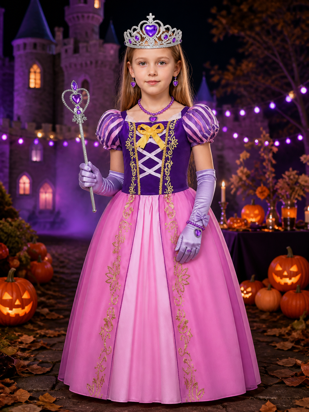 Girls' Princess Halloween Costume Dress Set With Crown, Jewelry, Wand And Gloves Costume Dresses detail 2