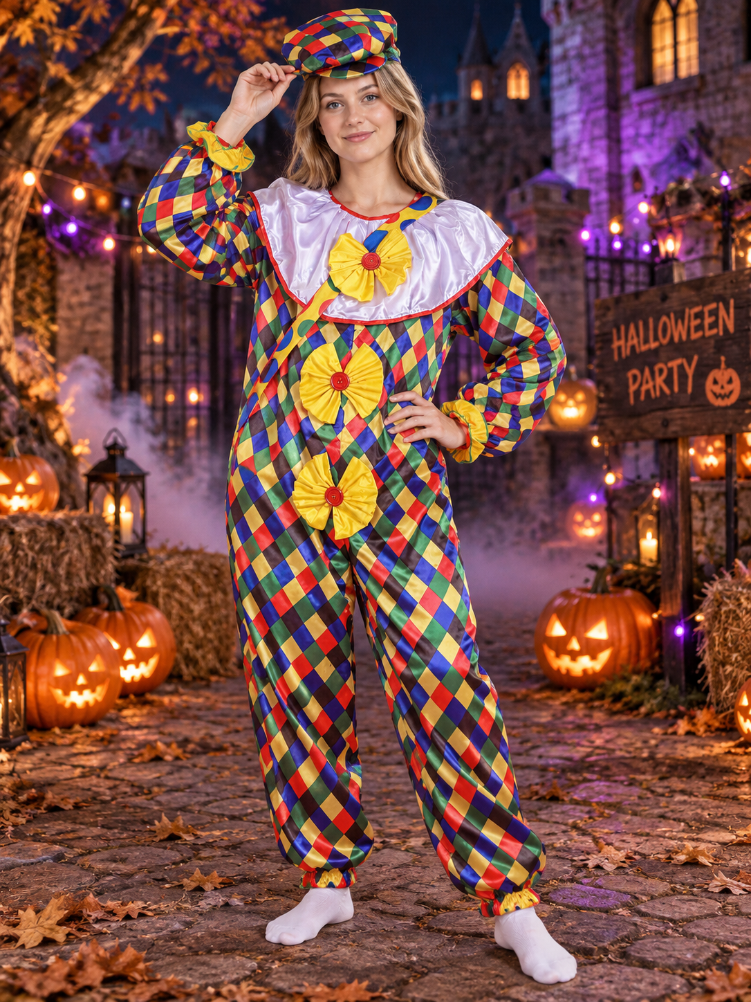Clown Costume with Hat, Multicolor, Diamond Pattern, with Bows