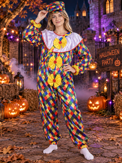 Clown Costume with Hat, Multicolor, Diamond Pattern, with Bows