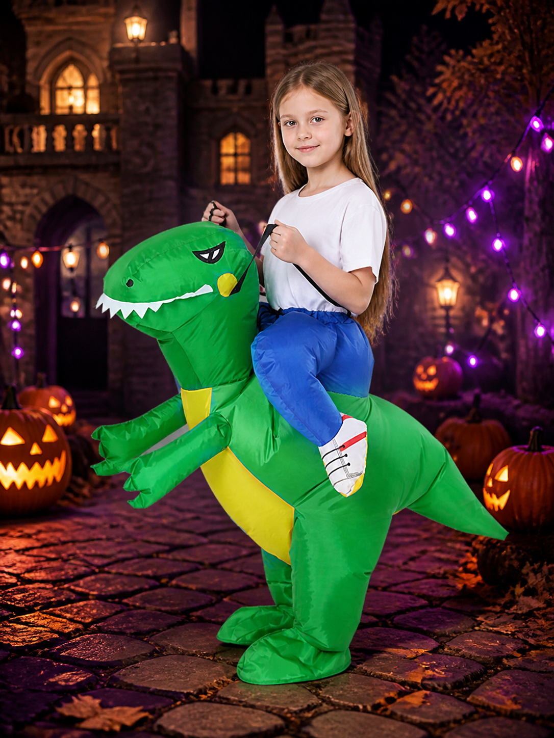 Inflatable Dinosaur Ride-On Costume, Green Blow Up Halloween Outfit Costumes detail 2