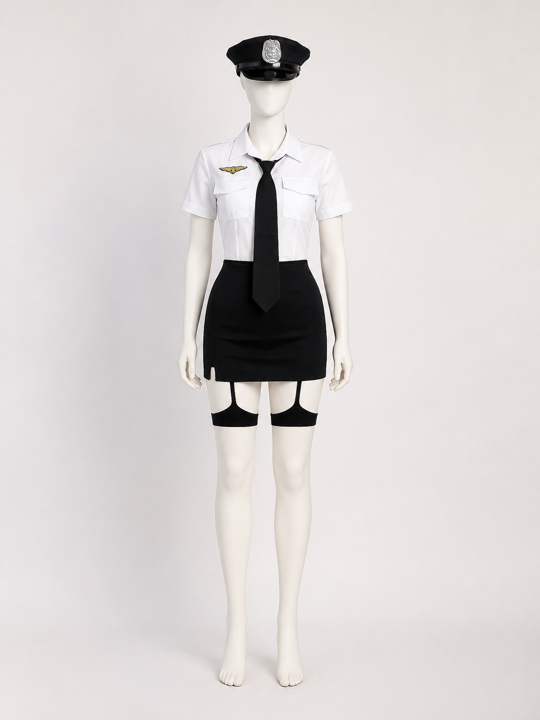 Police Officer Costume Set with White Shirt, Black Skirt, and Hat Costume Headwear detail 2