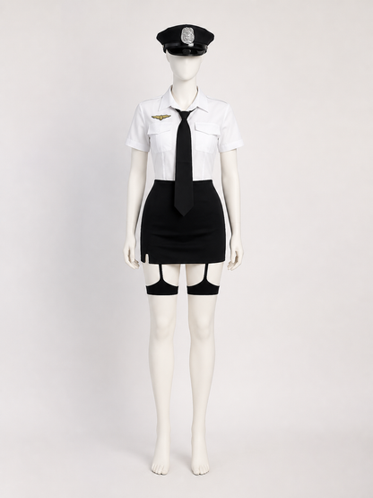 Police Officer Costume Set with White Shirt, Black Skirt, and Hat Costume Headwear detail 2