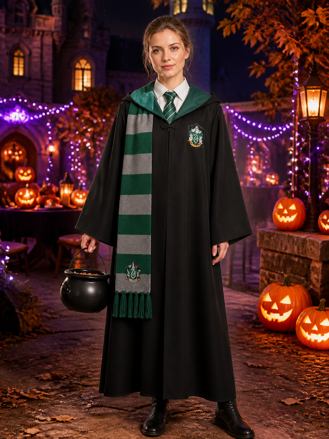 Slytherin Wizard Costume Set, Long Black Robe with Tie and Scarf, 3-Piece Outfit Costumes detail 2